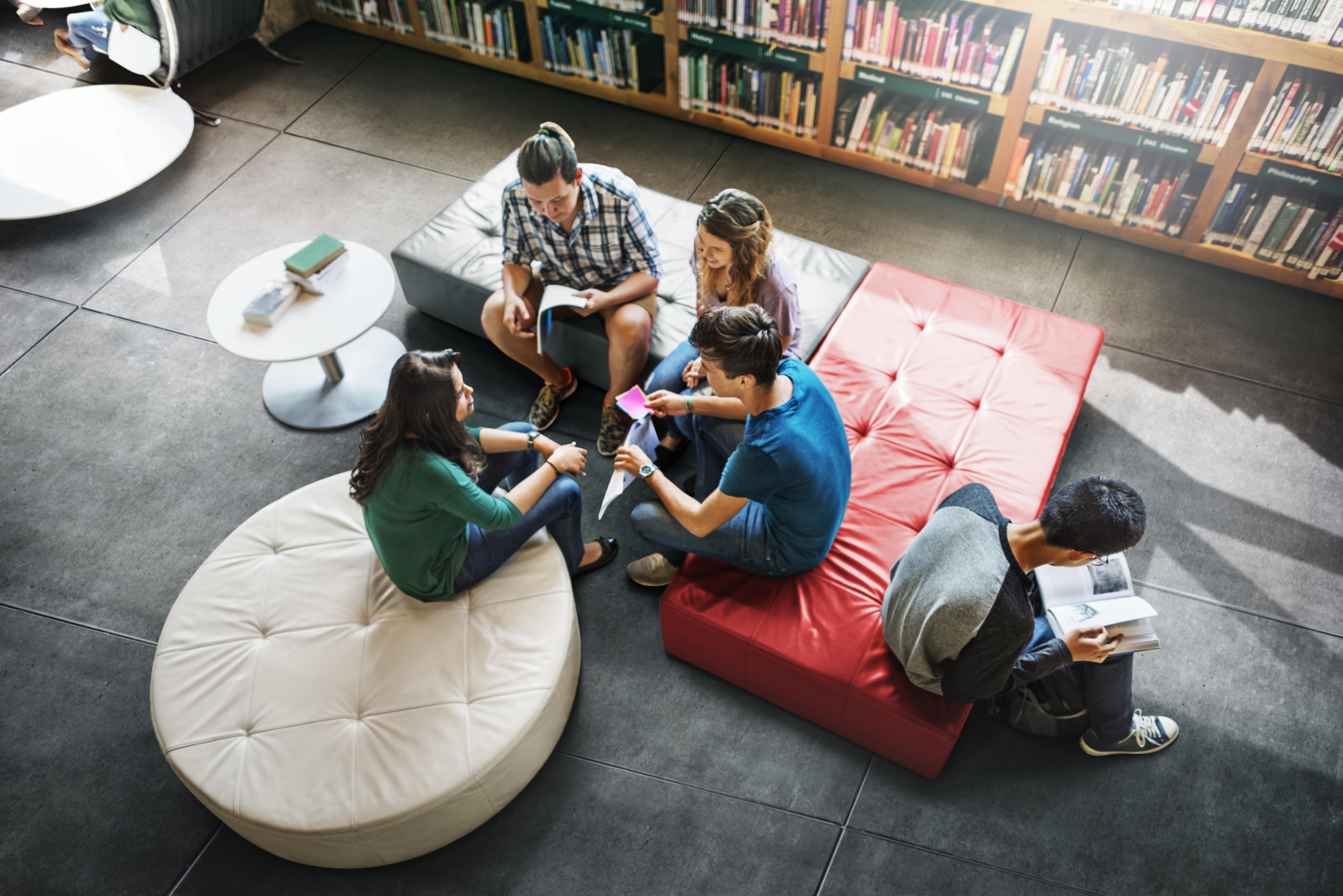 Grupo de cinco jovens sentados em pufes em uma biblioteca, interagindo e lendo livros, com estantes de livros ao fundo.